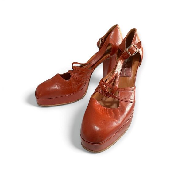 Vintage 70s La‎ Rachelle Red Leather Heels |Italian Platform Mary Janes | Size 8 - Picture 1 of 11